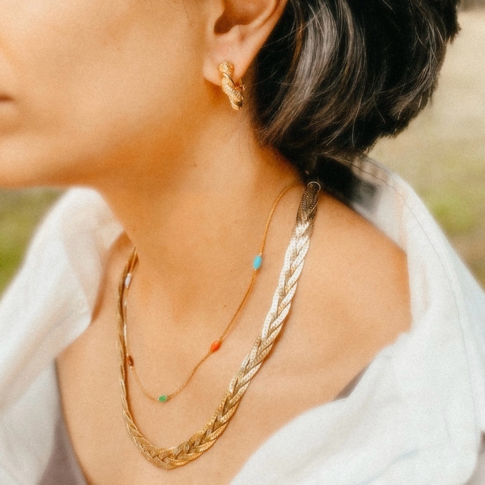 Vintage - Flat Gold Tone Braided Chain Necklace